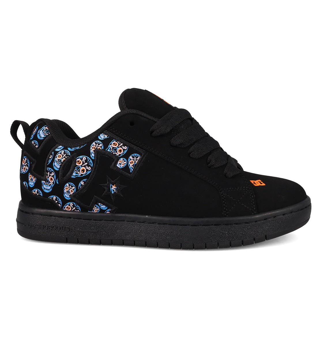 The Men’s Court Graffik Day Of The Dead skate shoe from DC Shoes features a sleek black design with matching laces and sole, accented by vibrant blue, orange, and white patterned details on the heel and side inspired by Día de los Muertos. An orange DC Shoes logo is showcased on the tongue and near the toe.