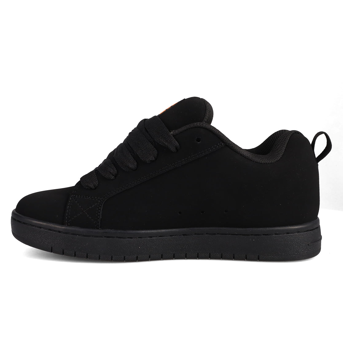 The Men’s Court Graffik Day Of The Dead by DC Shoes is a black low-top sneaker featuring black laces, black stitching, and a black rubber sole, shown in a side view on a white background—part of the exclusive Day of the Dead Collection.