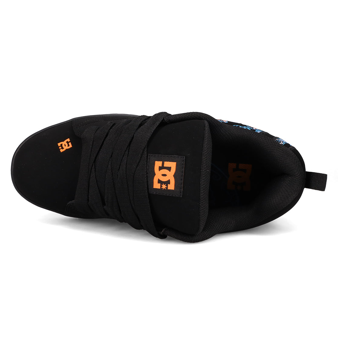 Top view of the Men’s Court Graffik Day Of The Dead skate shoe by DC Shoes, featuring thick black laces and vibrant orange DC logos on the tongue and toe, beautifully inspired by Día de los Muertos traditions.