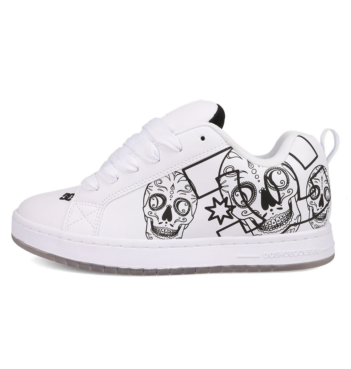 The Men’s Court Graffik Day Of The Dead by DC Shoes is a white sneaker from the Day of the Dead Collection, featuring black Día de los Muertos sugar skull designs and geometric patterns on the side, with white laces and a translucent sole.