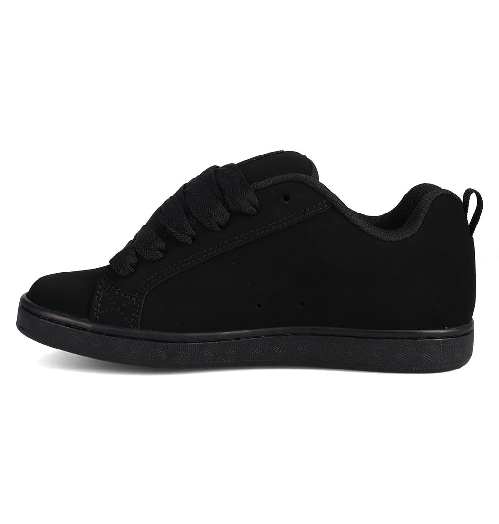 The DC Shoes Women’s Court Graffik Day Of The Dead is a black sneaker featuring thick laces, a low-top design, and a flat sole, shown from the side on a white background.