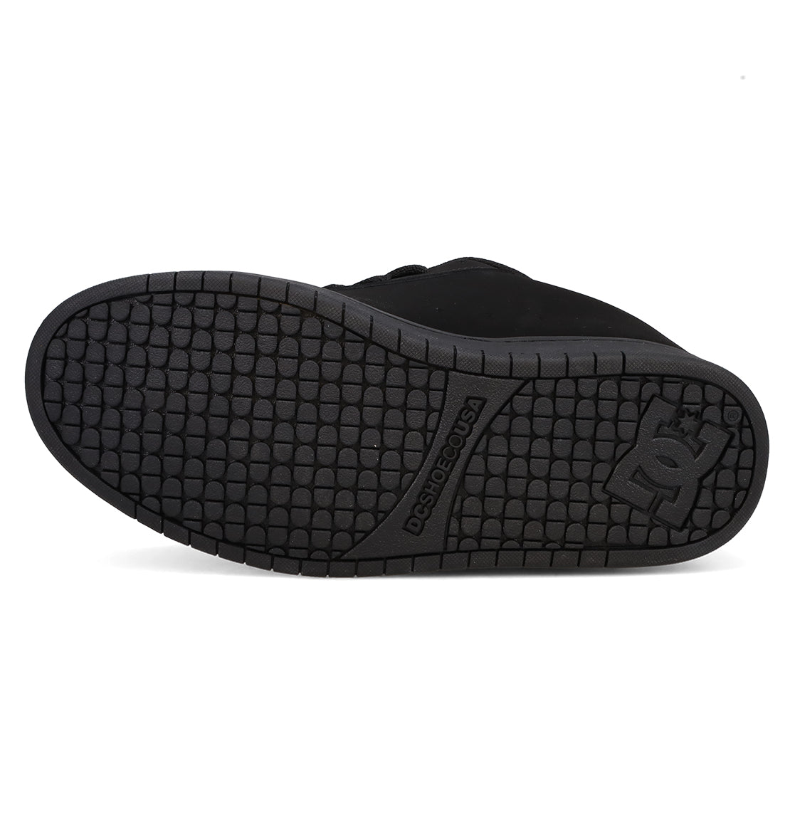 The image displays the black rubber sole of the Men’s Court Graffik Beveled Shoes by DC Shoes, highlighting its textured tread pattern and bold DC branding near the heel. Part of the Court Graffik Beveled collection, this sneaker is recognized for its iconic puffy silhouette.