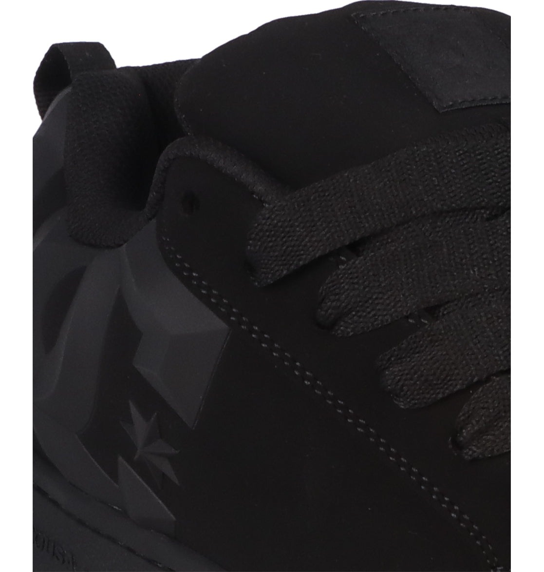 Close-up of the Men’s Court Graffik Beveled Shoes by DC Shoes, highlighting their signature puffy silhouette with thick black laces and a prominent beveled DC logo on the side, exemplifying bold DC branding.