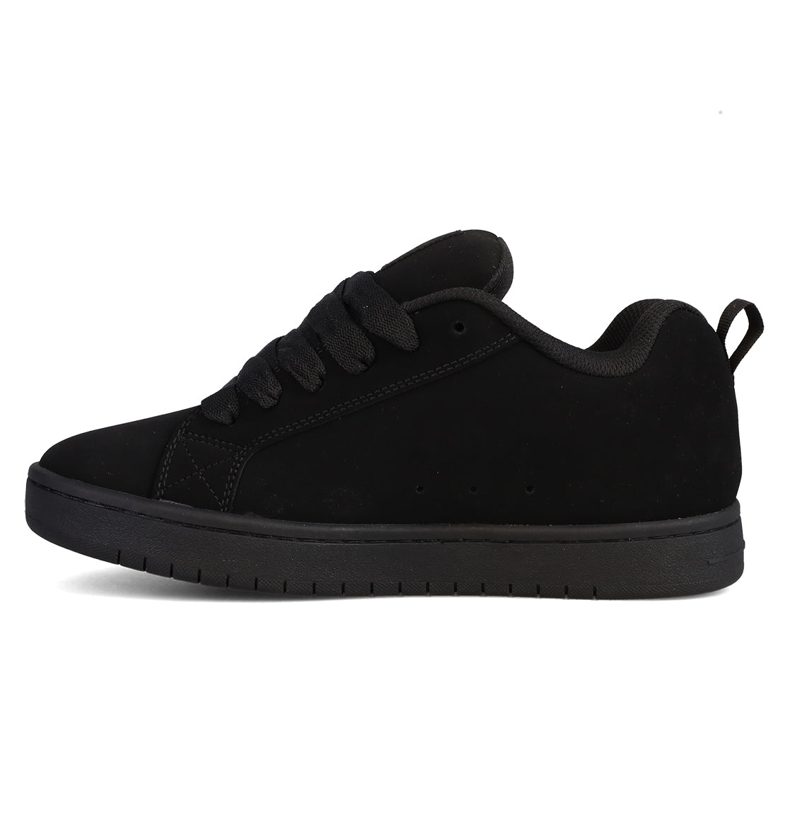 The Men’s Court Graffik Beveled Shoes by DC Shoes are black low-top sneakers featuring a suede-like finish, puffy silhouette, black laces, and a black rubber sole, displayed in a side profile on a plain white background.