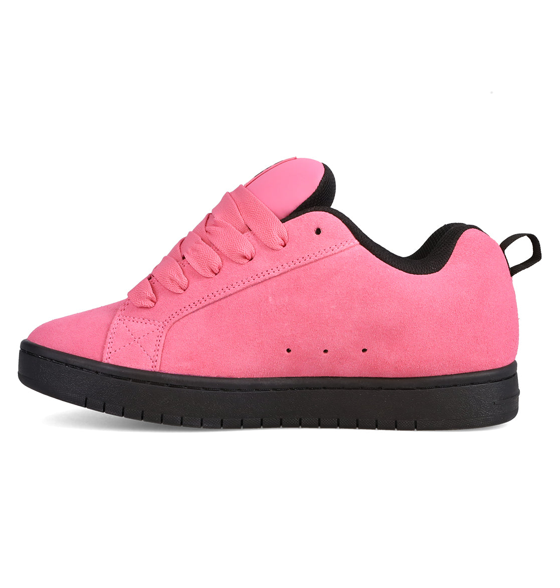 Showcased in a left side profile against a crisp white background, the Men’s Court Graffik Beveled Special Edition Shoes by DC Shoes feature a pink suede upper with matching pink laces, a black pull tab, and a black rubber sole. This image highlights the sneaker’s signature puffy silhouette and subtle DC branding.