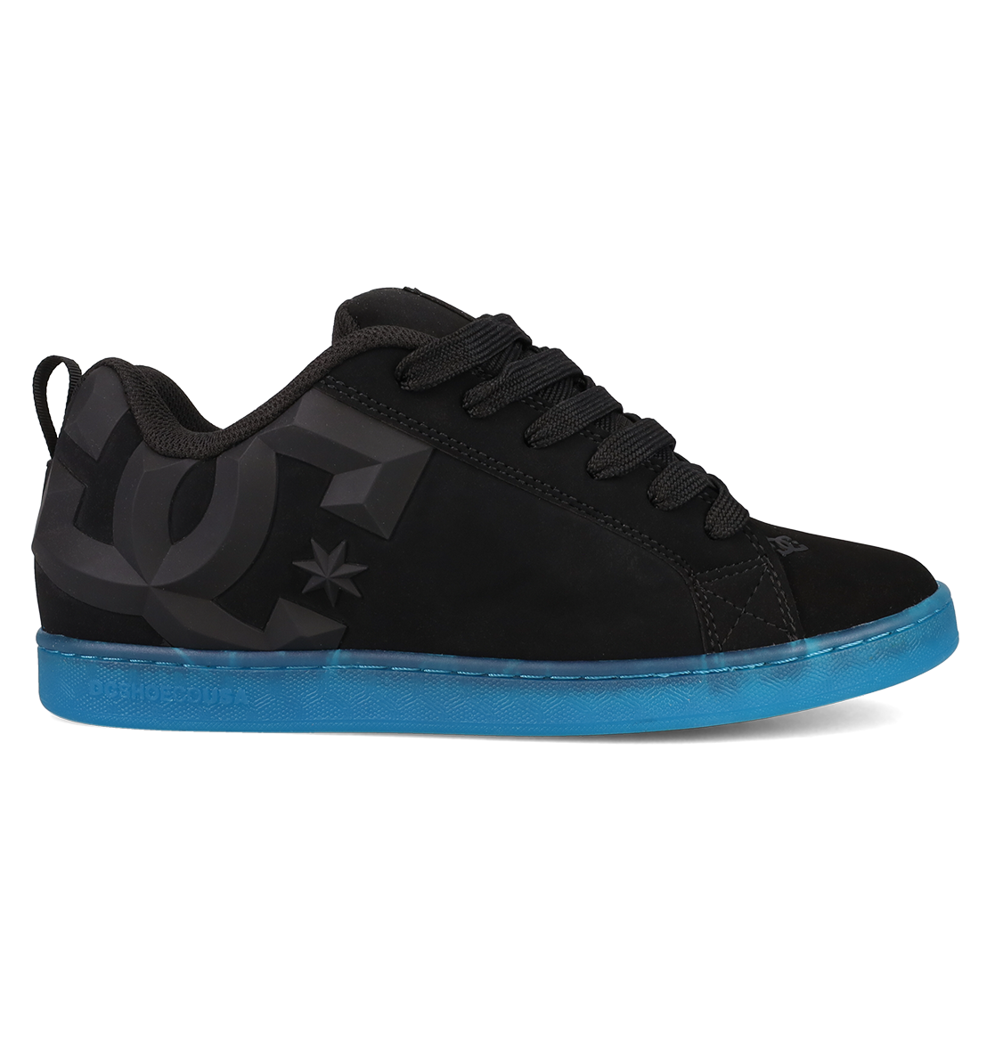 The Women’s Court Graffik Beveled Shoes by DC Shoes are black sneakers highlighted by a large dark gray DC logo on the side and a vibrant blue sole. Featuring a puffy silhouette, they are displayed from the side against a white background.
