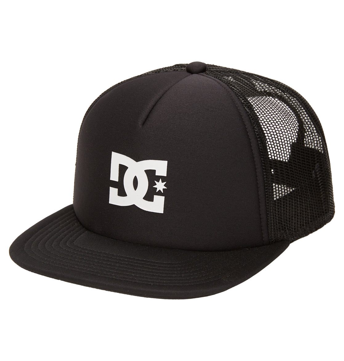 The Reebok Gas Station Trucker Boy is a black hat with a flat brim, mesh back, and features a large white logo with a star on the front panel.