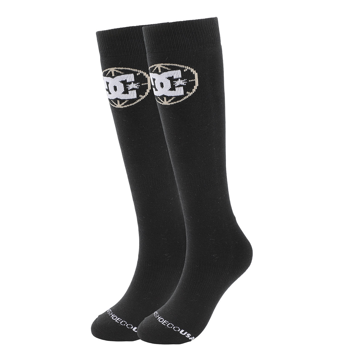 The DC Shoes Performance Socks 2-Pack includes black knee-high socks with a white DC logo near the top and "DCSHOECOUSA" in white across the toes.