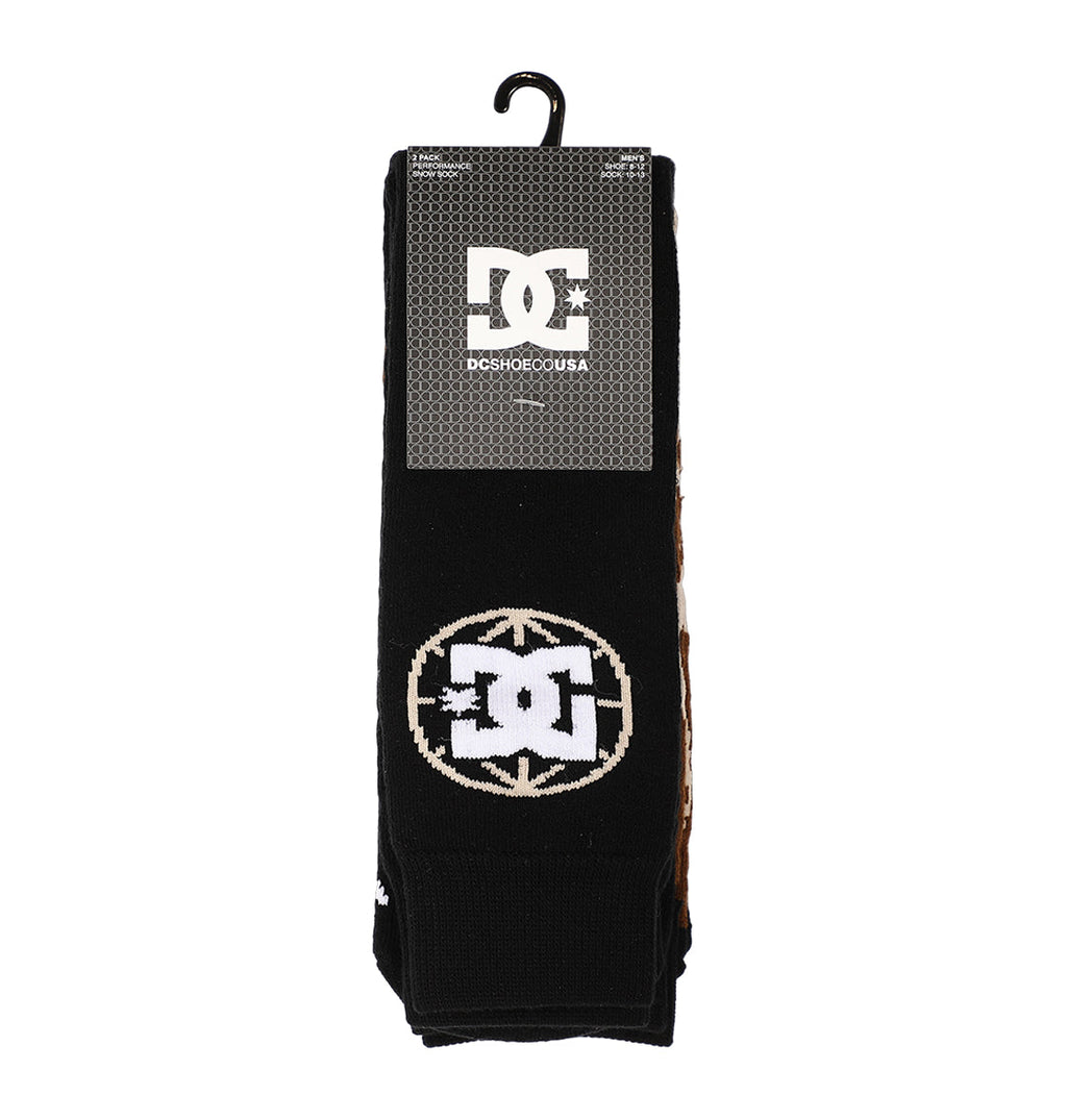 A 2-pack of black DC Shoes Performance Socks featuring the DC logo and star in a circular border, folded and hanging from a display hook with branded packaging.