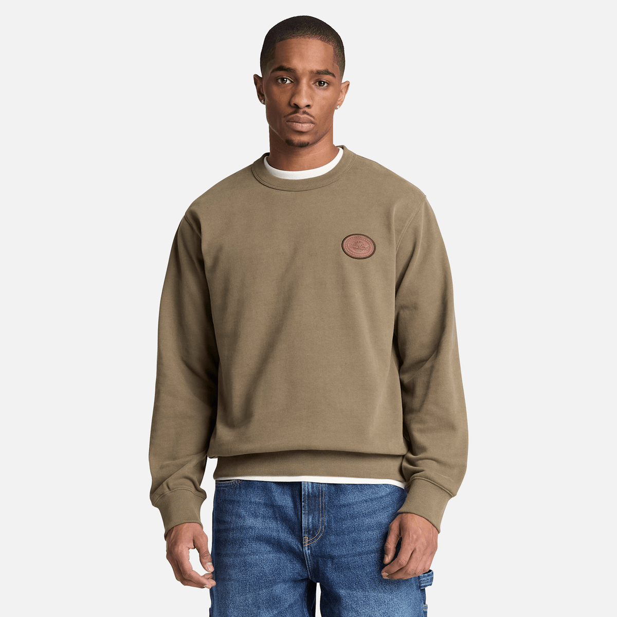 Mens Leather Patch Crew Sweatshirt TBL Dark Olive ALT1