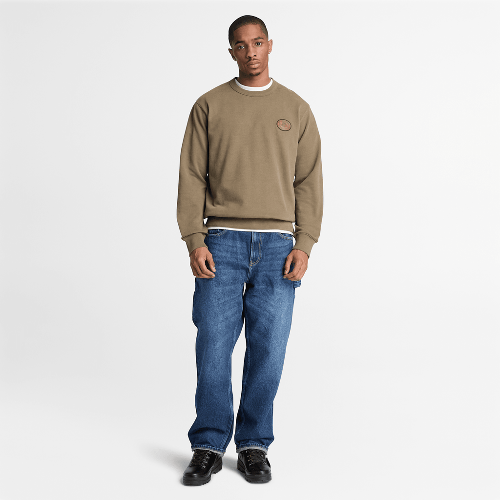Mens Leather Patch Crew Sweatshirt TBL Dark Olive ALT2