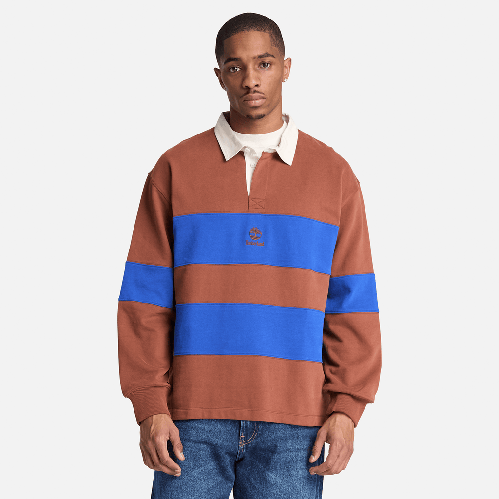 Mens Rugby Polo Sweatshirt TBL BrownBlue Stripe ALT1