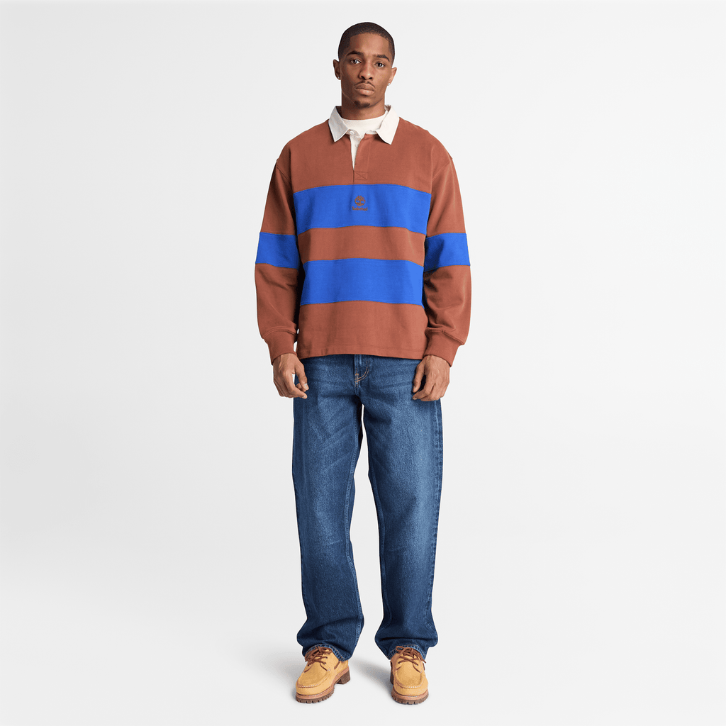 Mens Rugby Polo Sweatshirt TBL BrownBlue Stripe ALT2