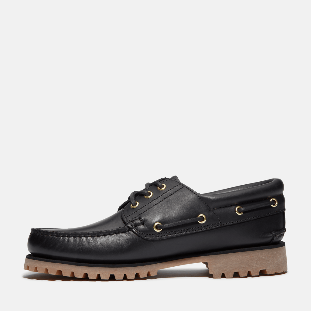 Mens Timberland Authentic 3Eye Lug Handsewn Boat Shoe TBL Black FullGrain ALT6
