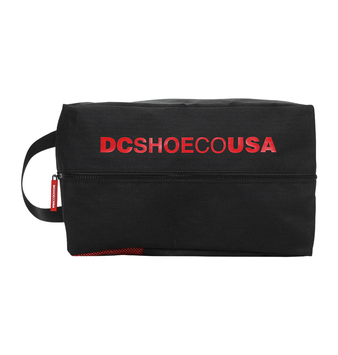 The DC Runner Shoe Bag by DC Shoes is a black rectangular pouch with a side handle, bold red "DCSHOECOUSA" text on the front, and a horizontal zipper.