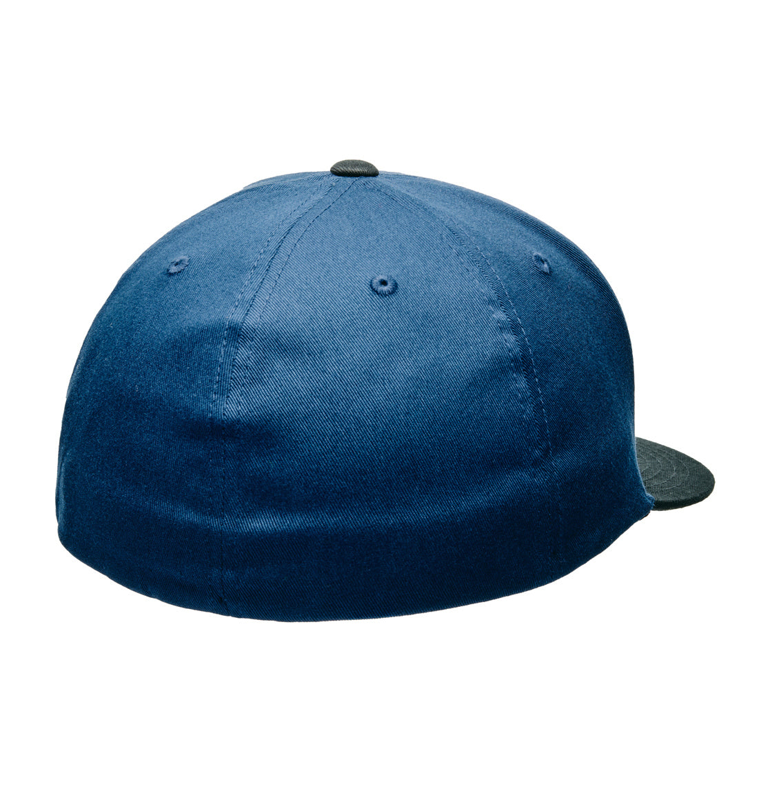 An Offset Flexfit cap by DC Shoes in blue, shown from the back against a white background, featuring a black top button, a partially visible flat brim, and a subtle DC Shoes logo.