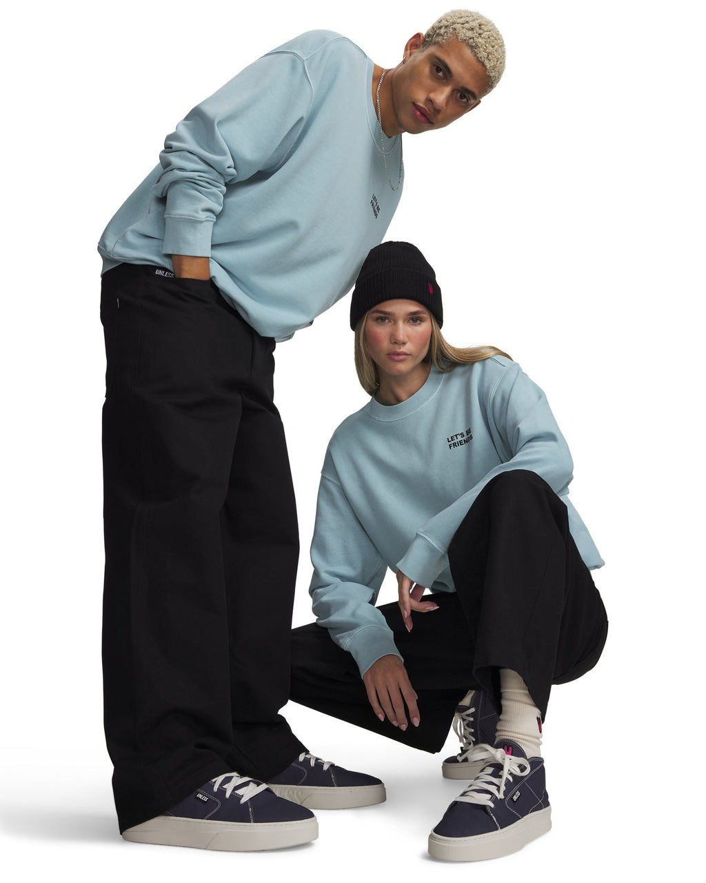 UNLESS Let's Be Friends Graphic Unisex Crew Sweatshirt - Blue