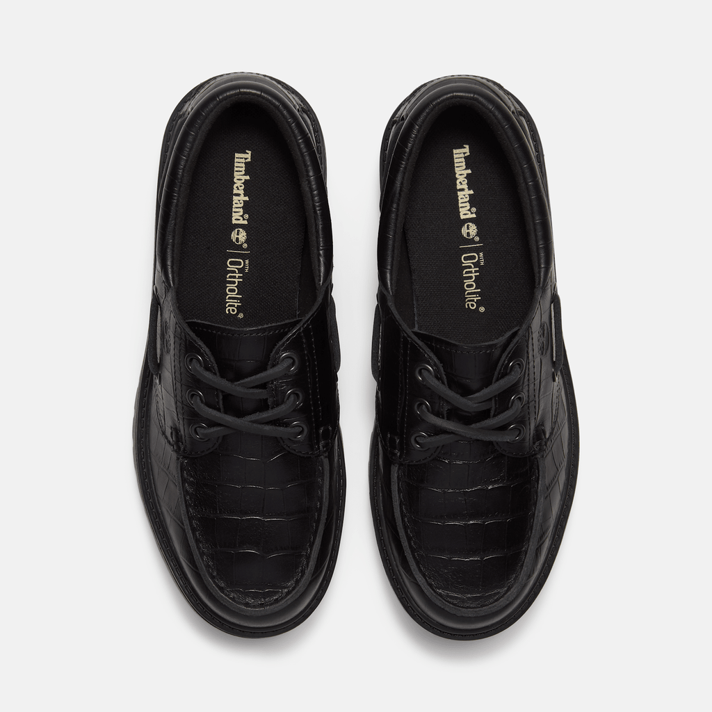 Womens Stone Street Platform Boat Shoe TBL Black FullGrain Croc ALT2