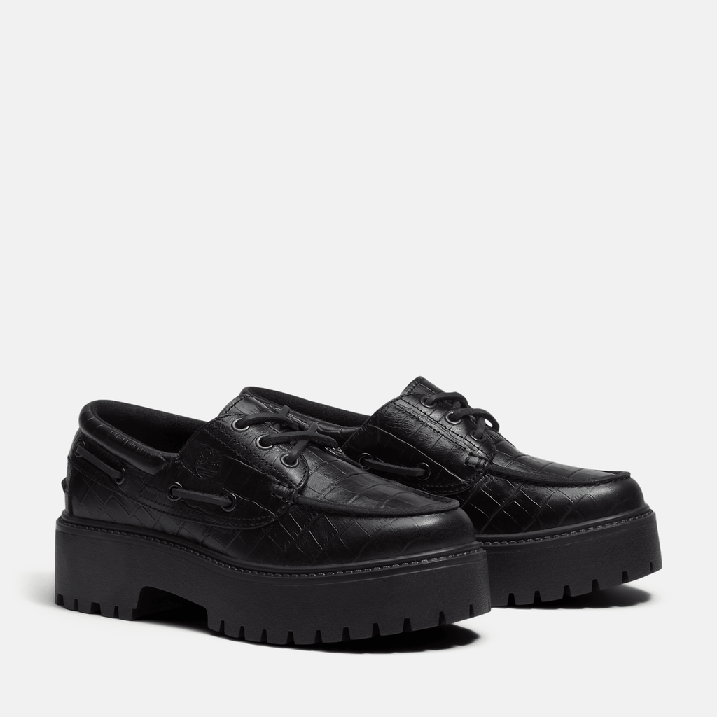 Womens Stone Street Platform Boat Shoe TBL Black FullGrain Croc ALT4