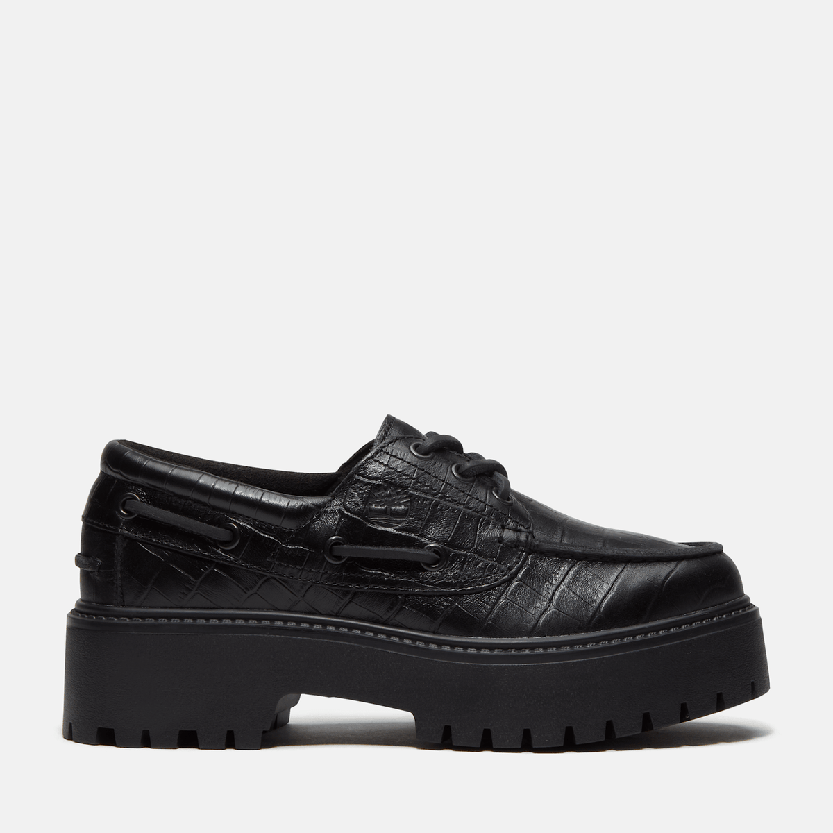Womens Stone Street Platform Boat Shoe TBL Black FullGrain Croc HERO