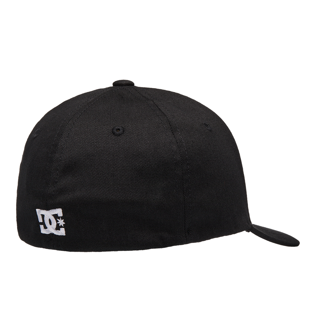 The Kids' Star 2 Cap by DC Shoes is shown from the back in black, featuring a small white embroidered DC logo on the lower left. This skate-inspired cap has a fitted design with no visible adjustments.