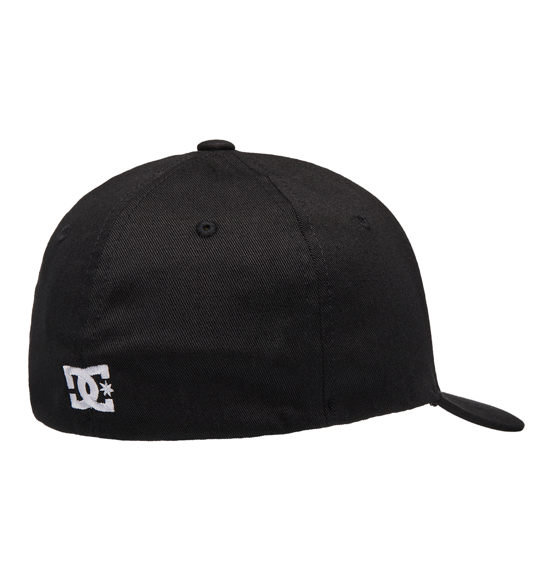 The Kids' Star 2 Cap by DC Shoes is shown from the back in black, featuring a small white embroidered DC logo on the lower left. This skate-inspired cap has a fitted design with no visible adjustments.