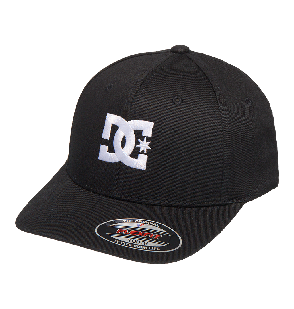 The DC Shoes Kids' Star 2 Cap is a black Flexfit youth hat with a curved brim, skate-inspired style, bold white embroidered DC branding on the front, and a sticker on the brim.