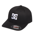 The DC Shoes Kids' Star 2 Cap is a black Flexfit youth hat with a curved brim, skate-inspired style, bold white embroidered DC branding on the front, and a sticker on the brim.