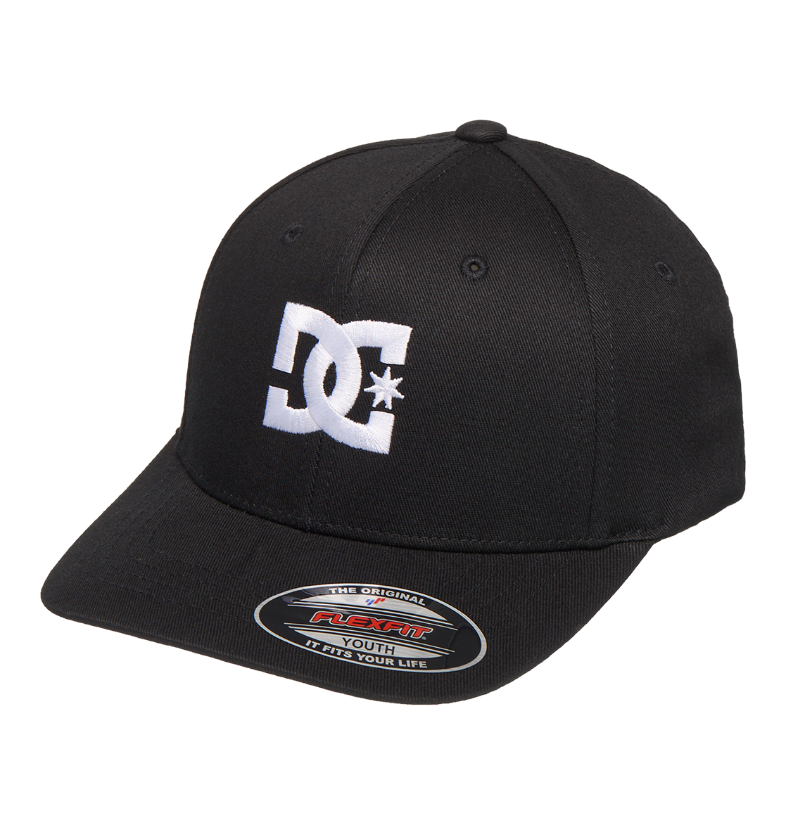 The DC Shoes Kids' Star 2 Cap is a black Flexfit youth hat with a curved brim, skate-inspired style, bold white embroidered DC branding on the front, and a sticker on the brim.