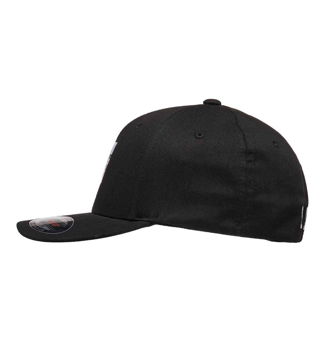 The DC Shoes Kids' Star 2 Cap, a black skate-inspired flat-bill Flexfit, is shown from the side on a white background with visible stitching and a round brim sticker.