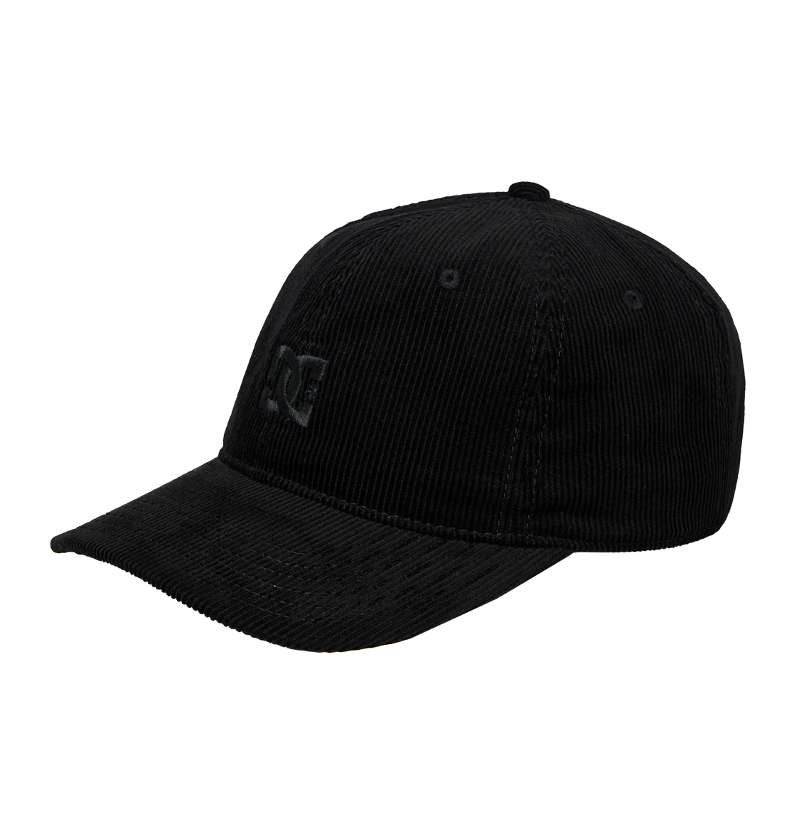 The Kids' DC Star Strapback Cap by DC Shoes is a black corduroy skate cap with a curved brim and subtle stitched DC branding on the front, shown against a plain white background.