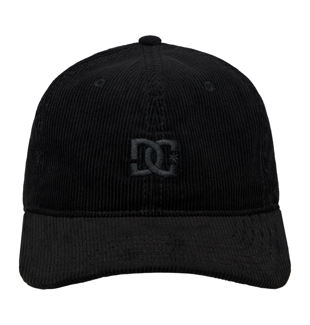 The Kids' DC Star Strapback Cap by DC Shoes is a black corduroy skate cap with a curved brim and an embroidered black DC Shoes logo on the front, shown against a plain white background.
