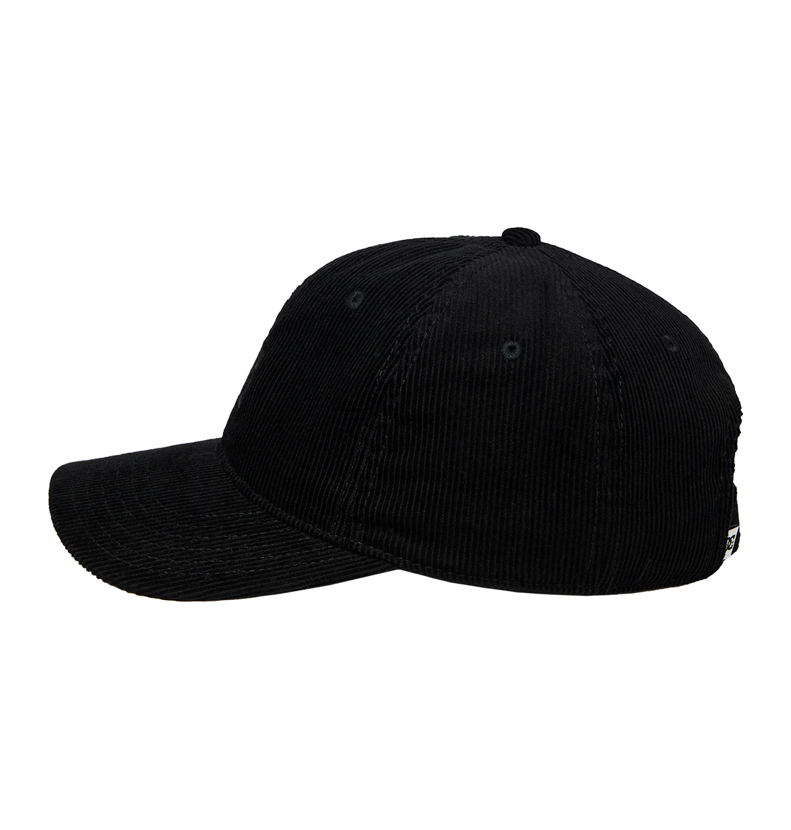 The Kids' DC Star Strapback Cap by DC Shoes is a black corduroy skate cap with a curved brim and subtle branding, shown from the side against a white background.