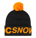The Kids’ Gambol Beanie by DC Shoes is a black winter hat for kids, made from cozy recycled polyester and topped with a large orange pom-pom. The folded brim features bold orange “OCSNOW” lettering, making it the perfect cheerful accessory for cold-weather adventures.