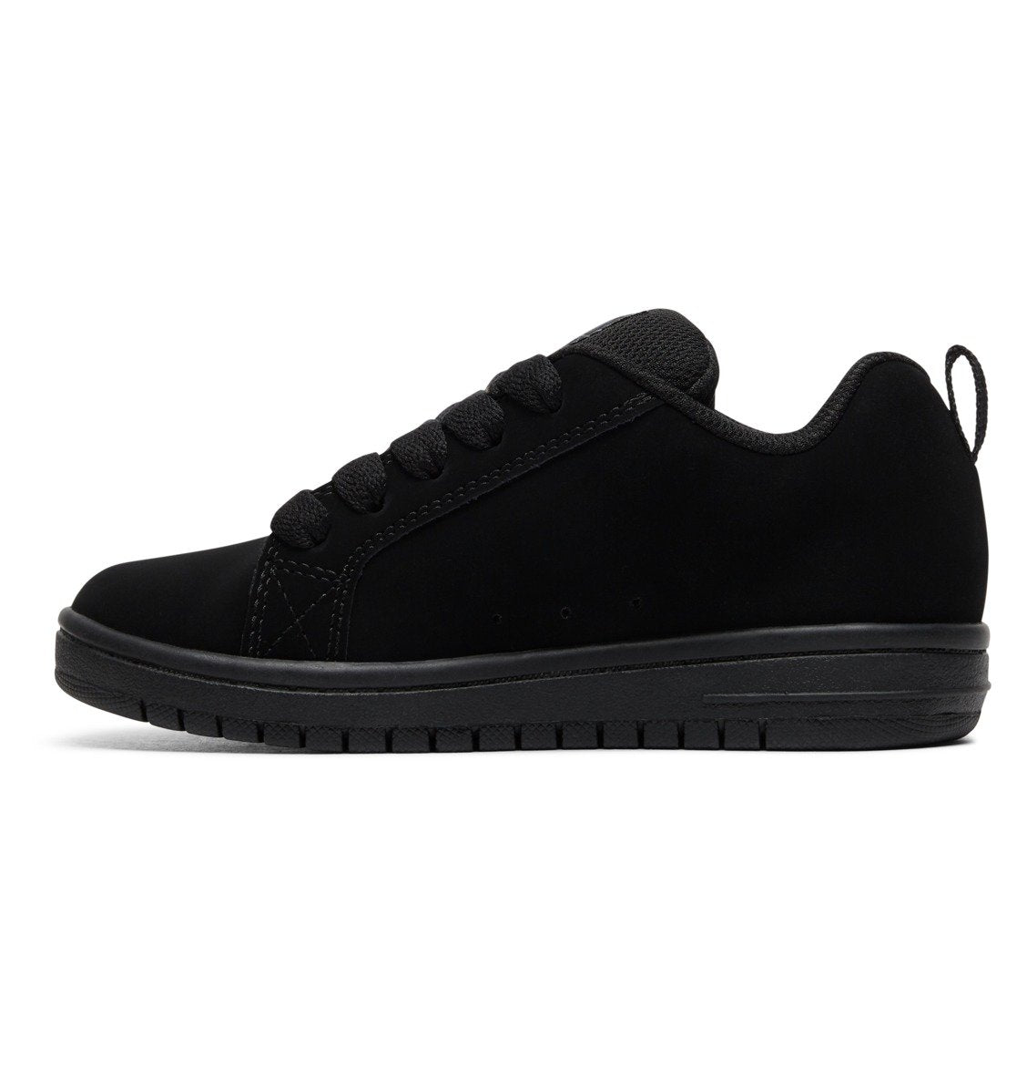The Kids’ Court Graffik Shoes by DC Shoes are black athletic sneakers with a low-profile design, rubber sole, black laces, and a heel pull tab. Featuring a subtly puffy silhouette inspired by the iconic Court Graffik style, the shoes are displayed in a side view against a white background.