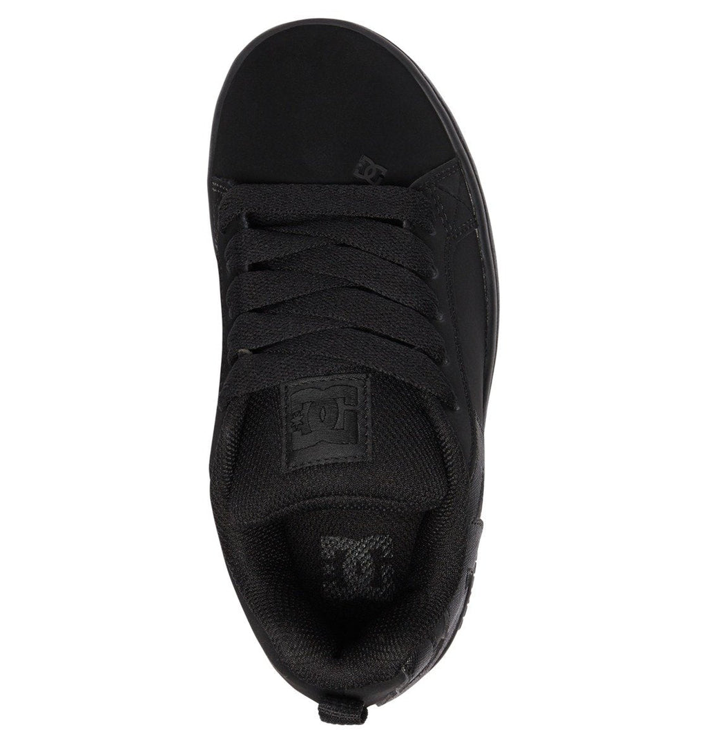 A top view of the Kids’ Court Graffik Shoes by DC Shoes in black, featuring black laces, a padded tongue with the DC logo, and a textured collar in the brand’s signature puffy silhouette.