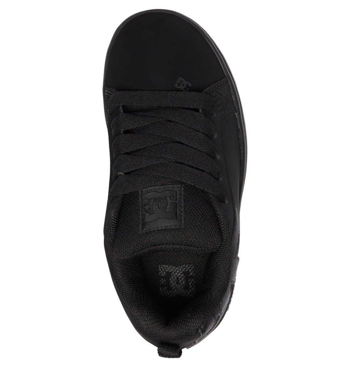 A top view of the Kids’ Court Graffik Shoes by DC Shoes in black, featuring black laces, a padded tongue with the DC logo, and a textured collar in the brand’s signature puffy silhouette.