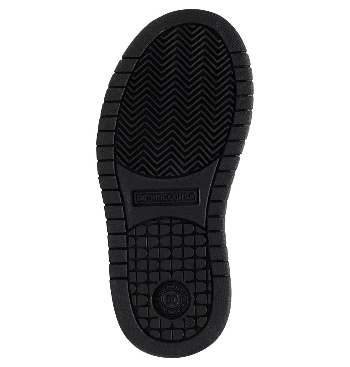 The black rubber sole of the DC Shoes Kids’ Court Graffik features textured tread patterns, including zigzag lines at the top and rectangular grips at the bottom, with both circular and rectangular branding in the center—perfectly complementing the shoe’s iconic puffy silhouette.