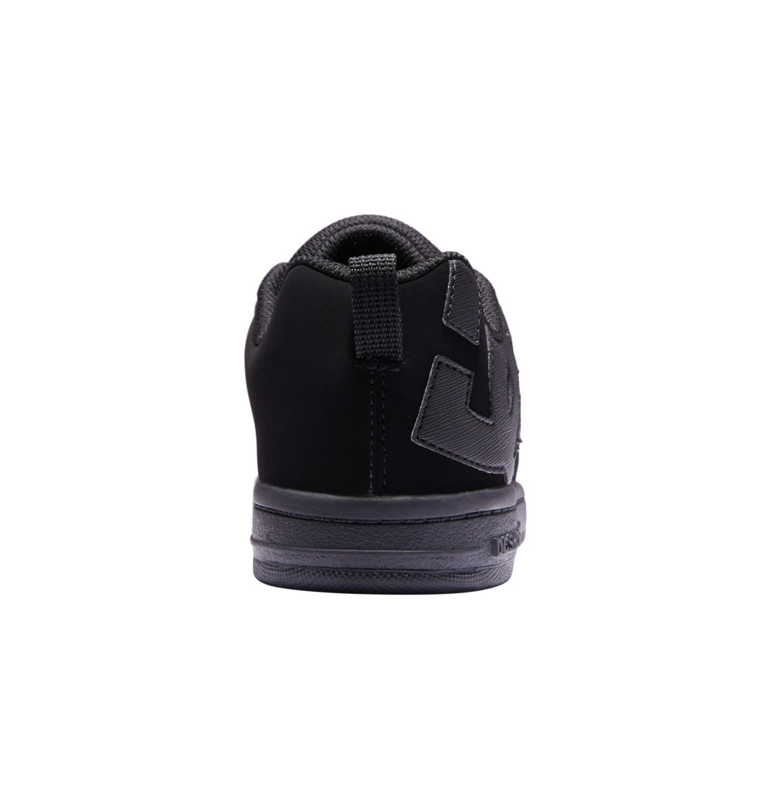 A black Kids’ Court Graffik Shoe by DC Shoes is shown from the back, highlighting the heel and sole details, a pull tab at the top, and textured side material. With its puffy silhouette inspired by the classic Court Graffik design, this kids’ sneaker stands out against a plain white background.