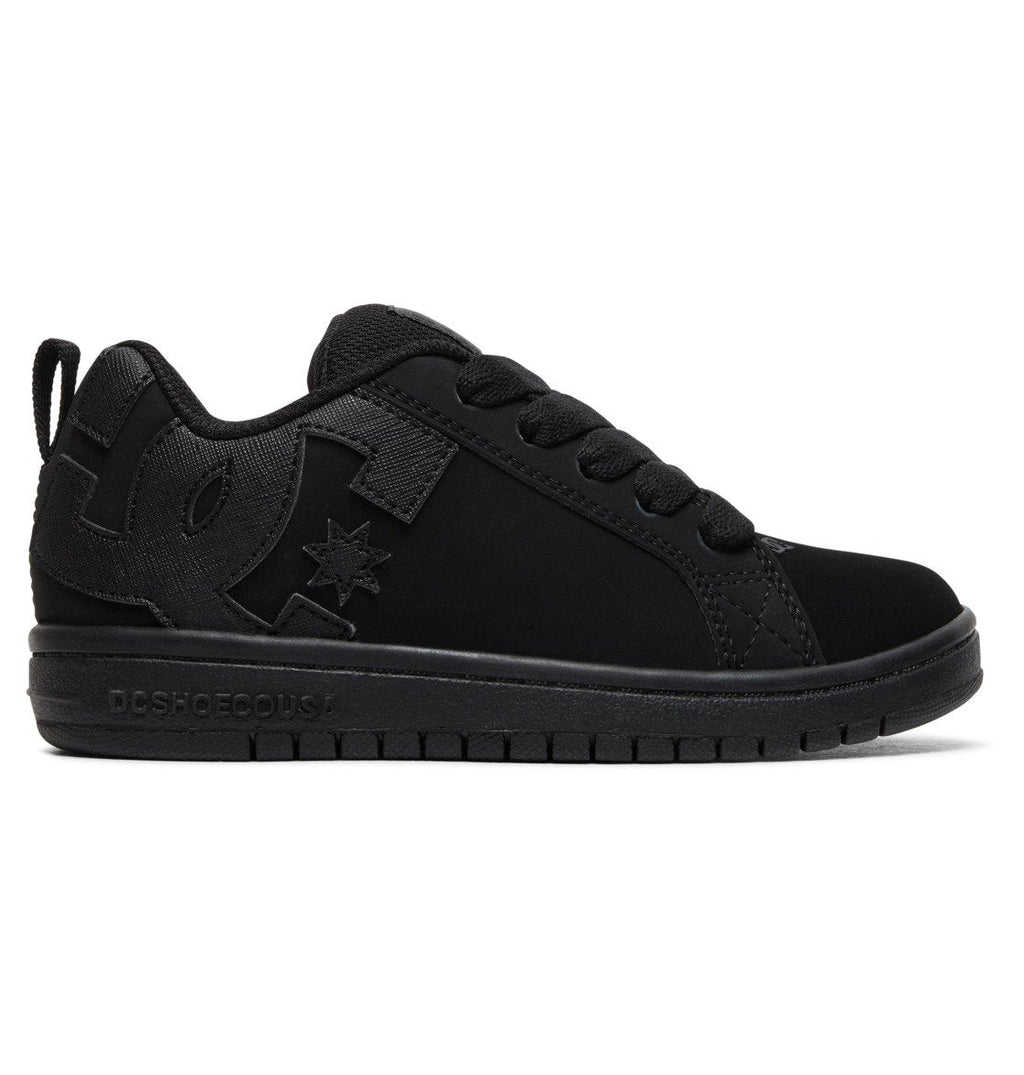 The Kids’ Court Graffik Shoes from DC Shoes are black athletic sneakers featuring black laces, a thick sole, and a bold stitched logo on the side. These shoes showcase the iconic Court Graffik style with a puffy silhouette, low-profile design, and a convenient heel loop for easy on and off.