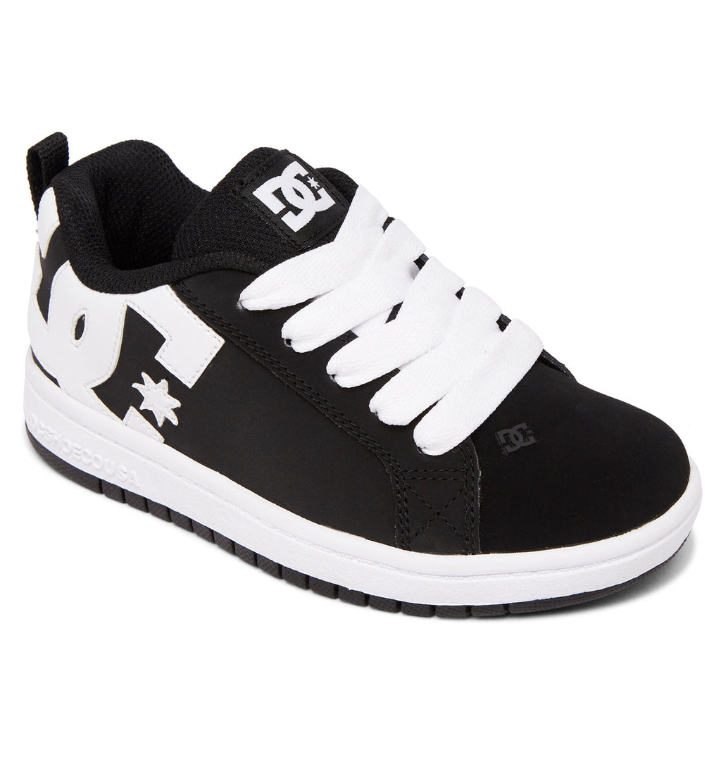 A kids’ skate shoe from DC Shoes, the Kids’ Court Graffik Shoes feature a classic black and white colorway, puffy silhouette, white laces, an oversized DC logo on the side, and a white sole with a black bottom—perfect for young fans of this iconic style.