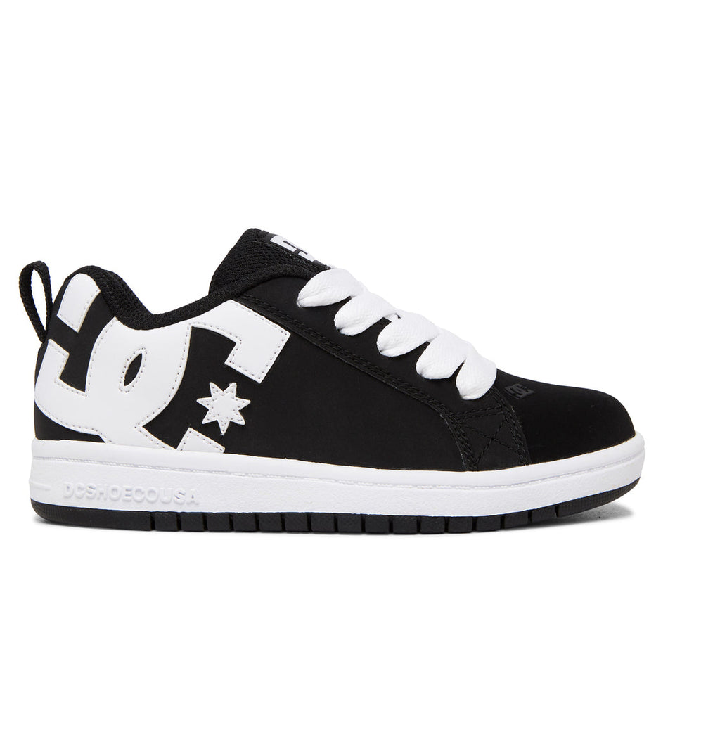 The Kids’ Court Graffik Shoes by DC Shoes feature a black and white colorway with a puffy silhouette, white laces, a white sole, and an oversized DC logo on the side—an ideal pick for fans of the iconic Court Graffik design.