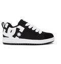 The Kids’ Court Graffik Shoes by DC Shoes feature a black and white colorway with a puffy silhouette, white laces, a white sole, and an oversized DC logo on the side—an ideal pick for fans of the iconic Court Graffik design.