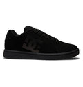 A pair of Kids’ Gaveler Shoes by DC Shoes is shown in side profile on a white background, featuring a classic design with a durable black leather upper, black sole, matching black laces, and a bold black DC logo on the side.