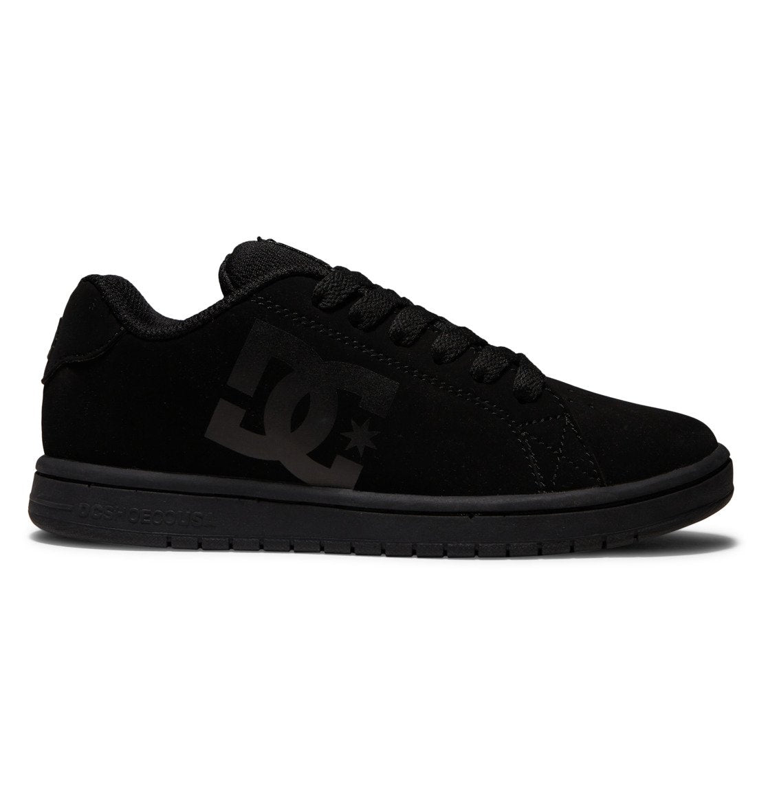 A pair of Kids’ Gaveler Shoes by DC Shoes is shown in side profile on a white background, featuring a classic design with a durable black leather upper, black sole, matching black laces, and a bold black DC logo on the side.