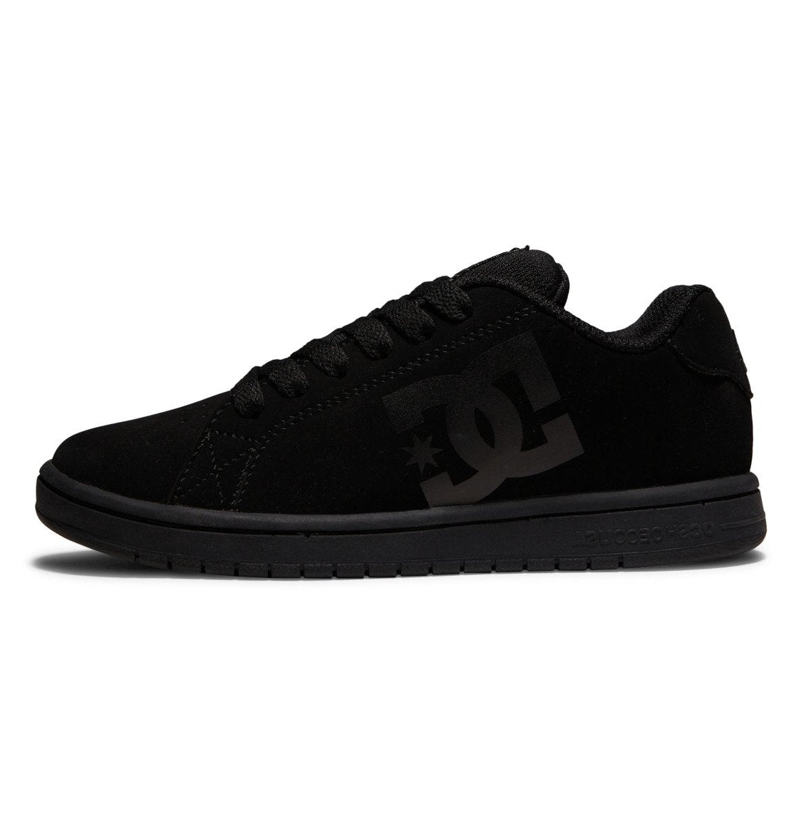 Black sneaker with a logo on a white background