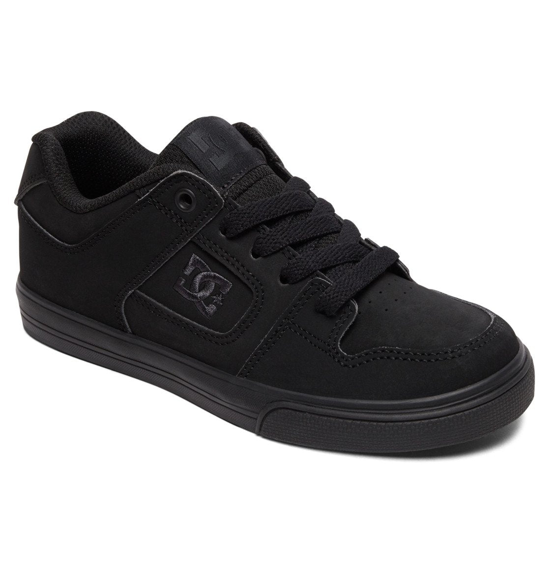 Introducing the Kids’ Pure Shoes by DC Shoes: these black skate shoes are designed specifically for kids, featuring a sleek all-black look with matching laces, a padded collar for extra comfort, a perforated toe for breathability, and a subtle DC logo on the side. The low-top design and slightly textured sole offer both style and durability, making them perfect for everyday wear.