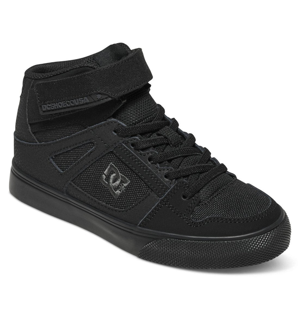 The Kids’ Pure High Elastic Lace High-Top Shoes from DC Shoes are black high-top sneakers designed for kids, featuring a velcro ankle strap, mesh and suede panels, black laces, and a durable rubber sole—making them an ideal choice for young skaters.