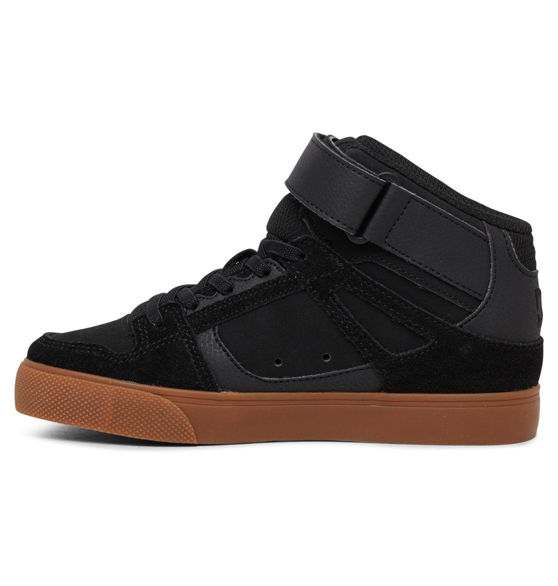 The DC Shoes Kids’ Pure High Elastic Lace High-Top Shoe is shown in a side view facing left against a white background, featuring a black colorway with an ankle strap, black laces, and a brown rubber sole.