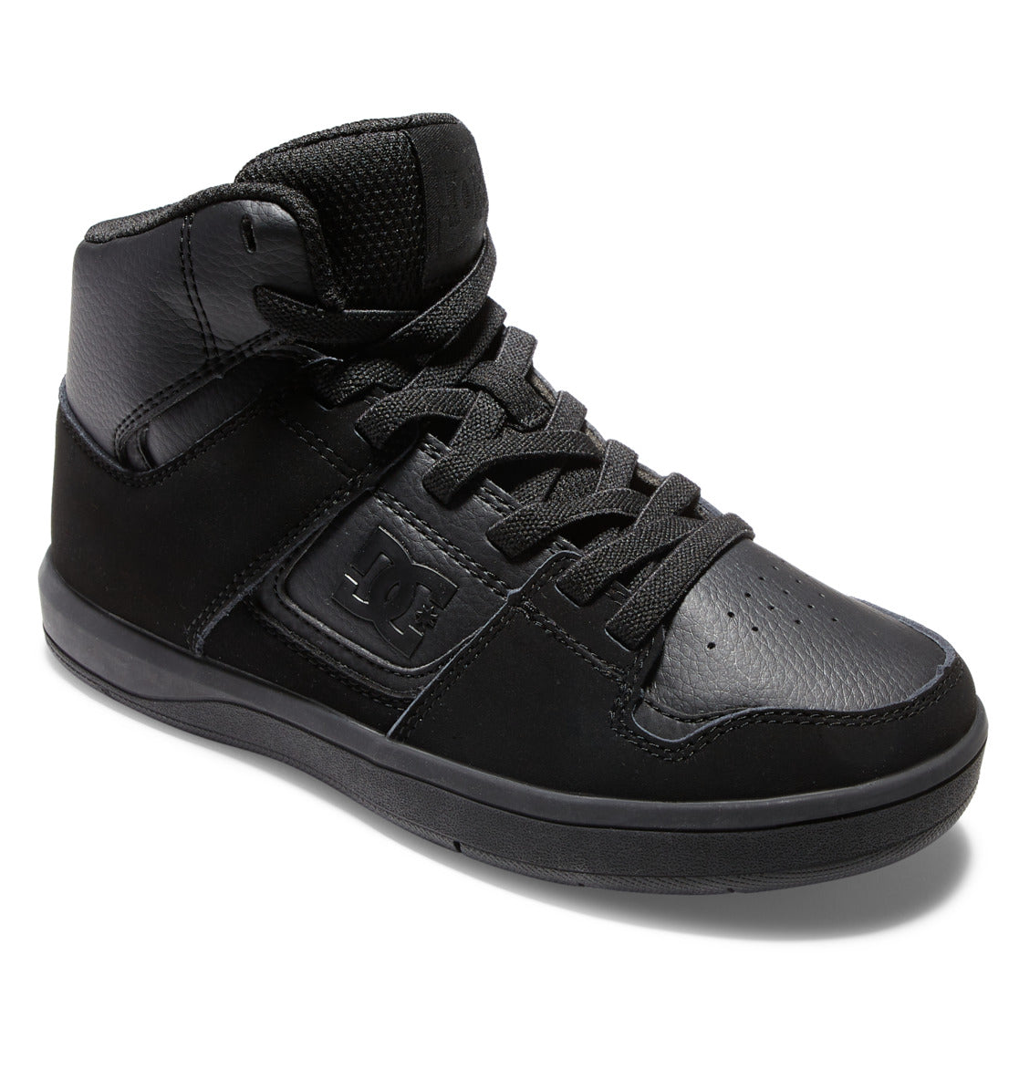 Introducing the Kids’ Cure High-Top Shoes by DC Shoes—a black hi-top sneaker featuring black laces, textured leather, and the signature DC Shoes logo on the side. Set against a white background, this stylish and affordable kids’ shoe is perfect for everyday wear.
